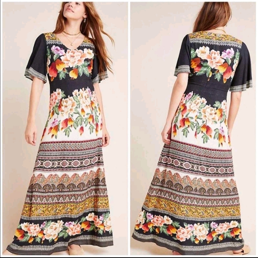 FARM Rio Black Floral Maxi Dress with Multicolor Stripes